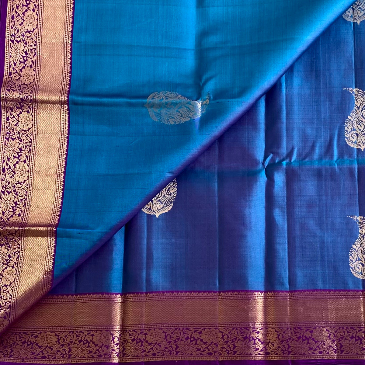Festive Dual Shaded Blue Designer Pure Silk Saree With Royal Purple Pallu