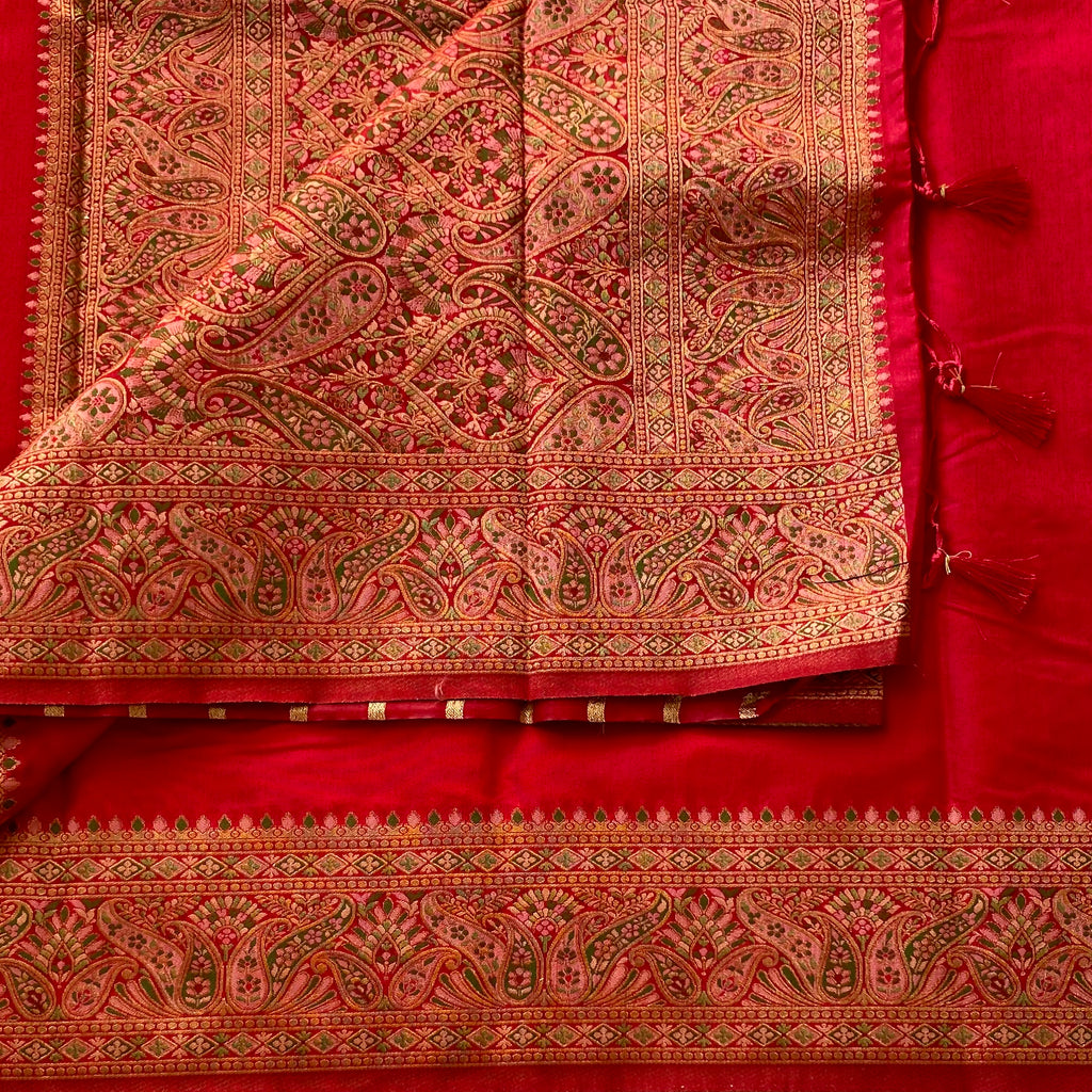 Cherry red Soft Jute Tussar with Meenakari woven borders n Pallu