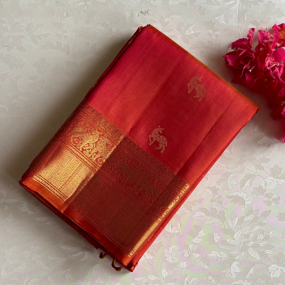Classy Burnt Orange Designer Pure Silk Saree With Intricate Woven Pallu