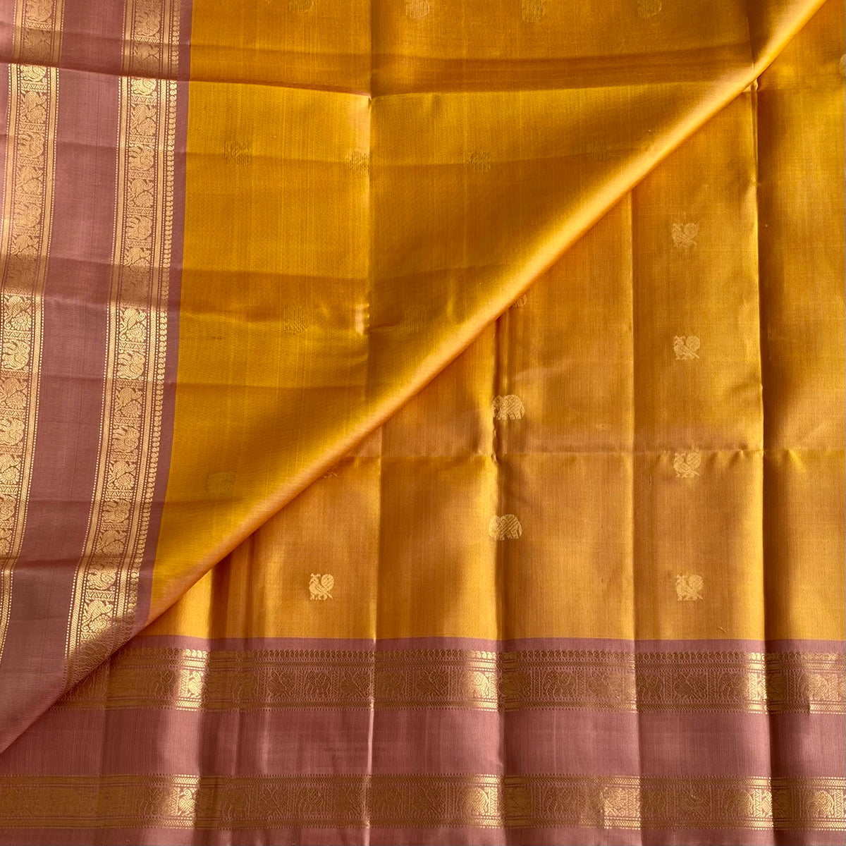 Sunset Yellow & Dusty Rose Designer Pure Silk Saree With Retta Petta Borders
