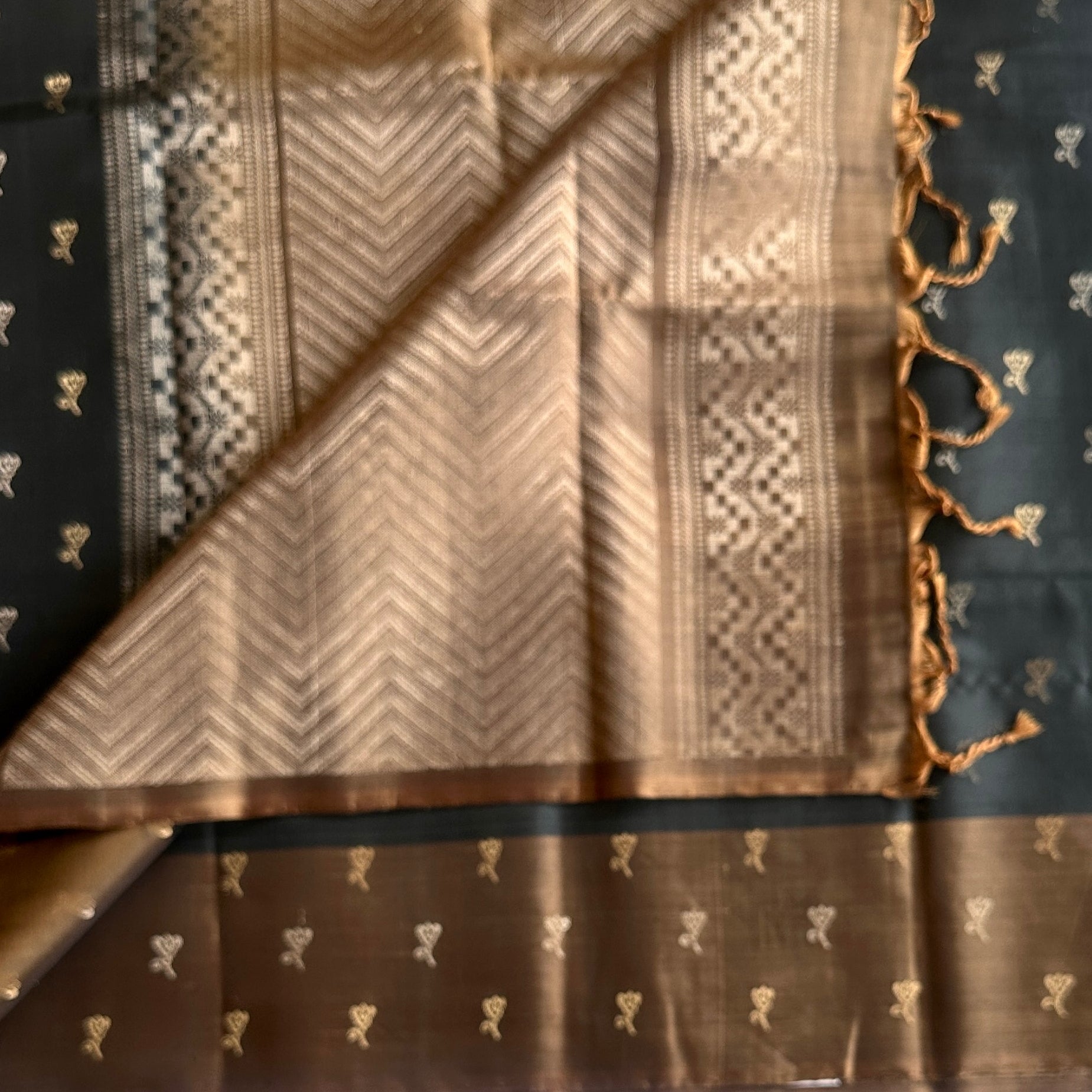 Charcoal black work deep metallic copper handwoven pure silk with zari woven buttas