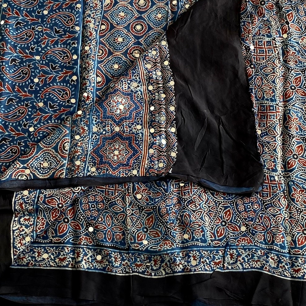 Indigo Blue AJRAKH HANDBLOCK PRINTED SILK Saree With Rust Red Paisley