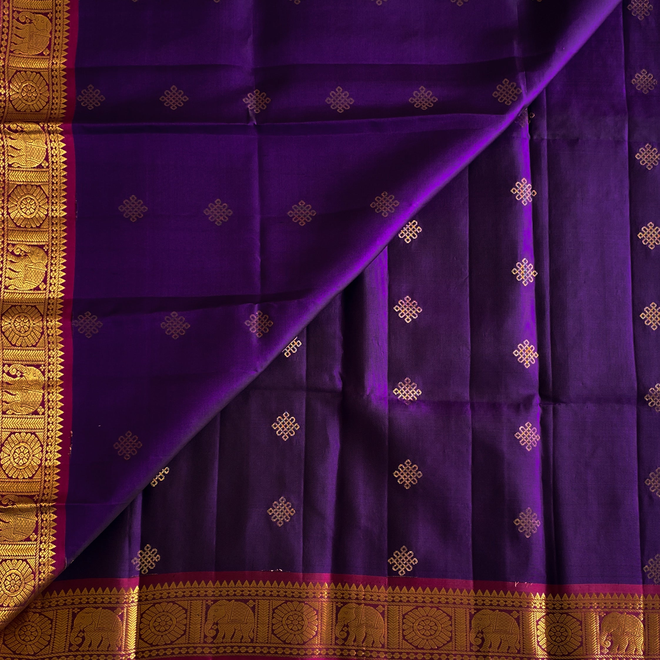 Royal Purple Zari Border Saree with Fuchsia Pallu and Elephants