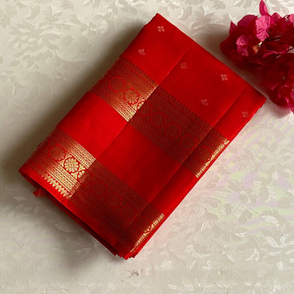 Designer Pure Silk Scarlet Red With Antique Gold Border Saree