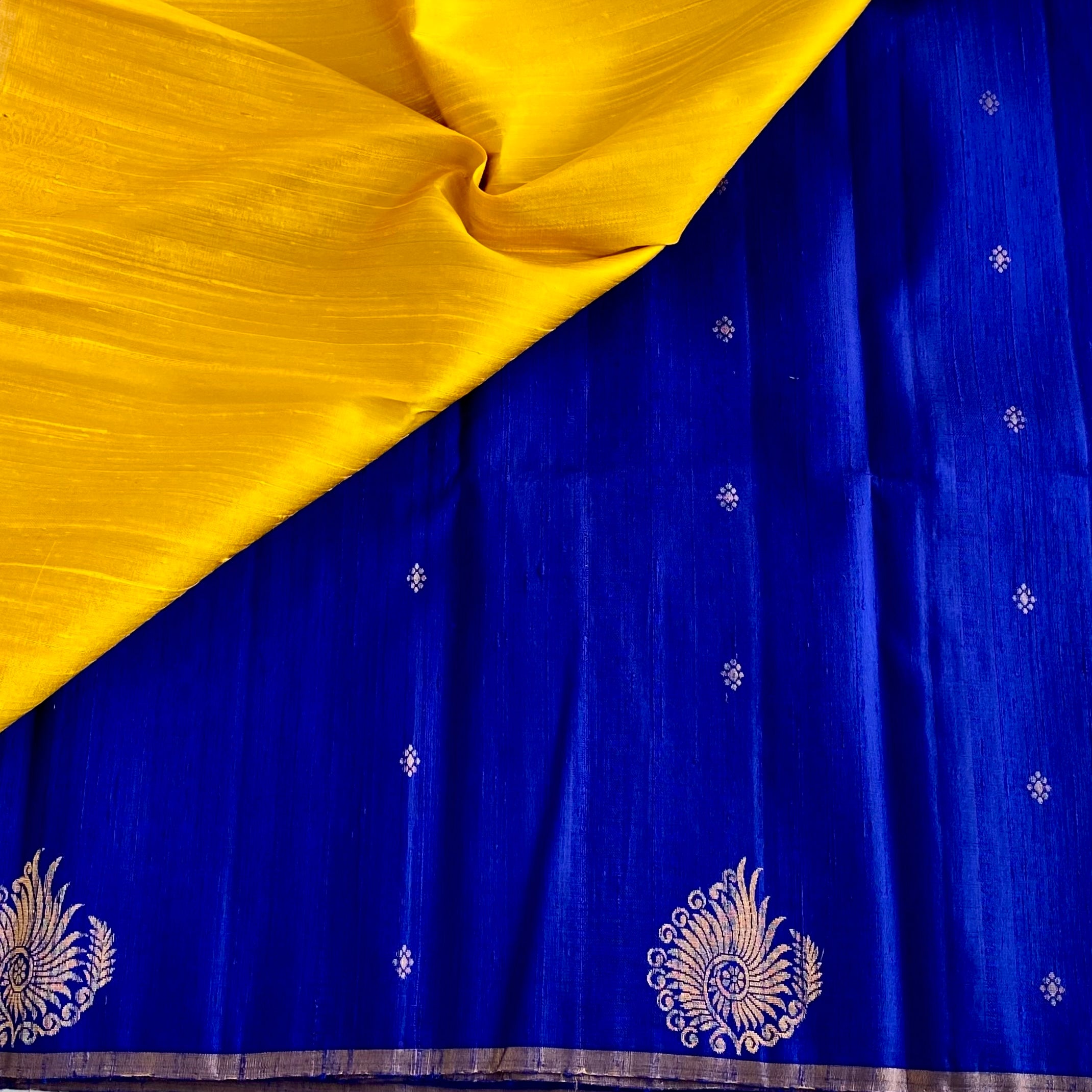 Royal Blue Designer Pure Raw Silk Saree With Golden Yellow Blouse