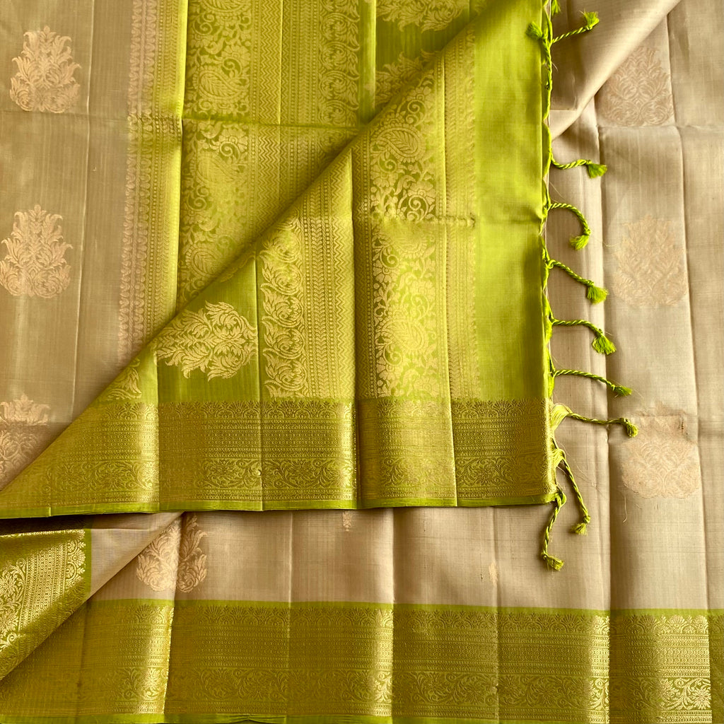 Champagne Beige & Chartreuse Green Designer Pure Silk Saree