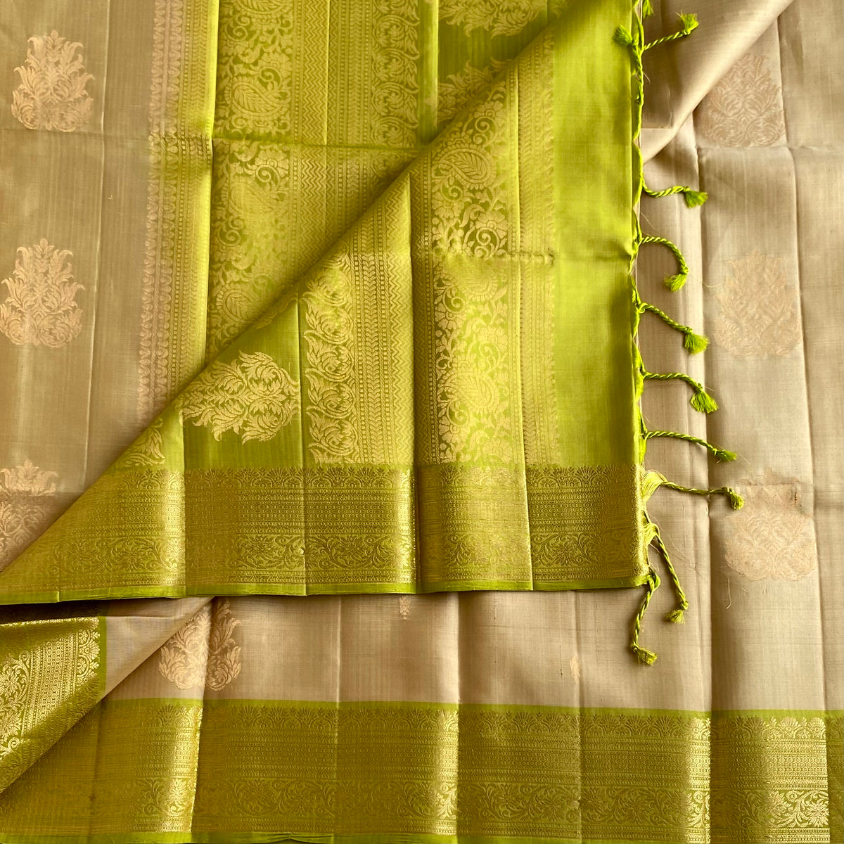 Champagne Beige & Chartreuse Green Designer Pure Silk Saree