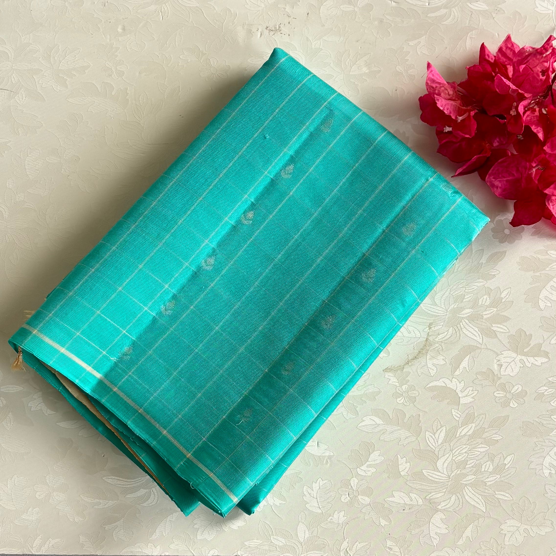 Turquoise Designer Pure Silk Saree With Golden Beige Pallu