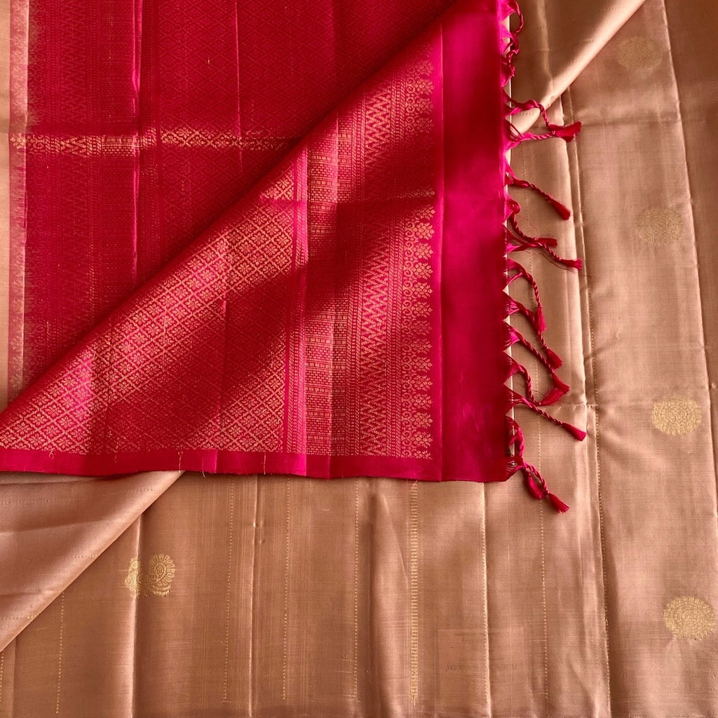 Peach Beige Designer Pure Silk Saree With Magenta Pink Pallu