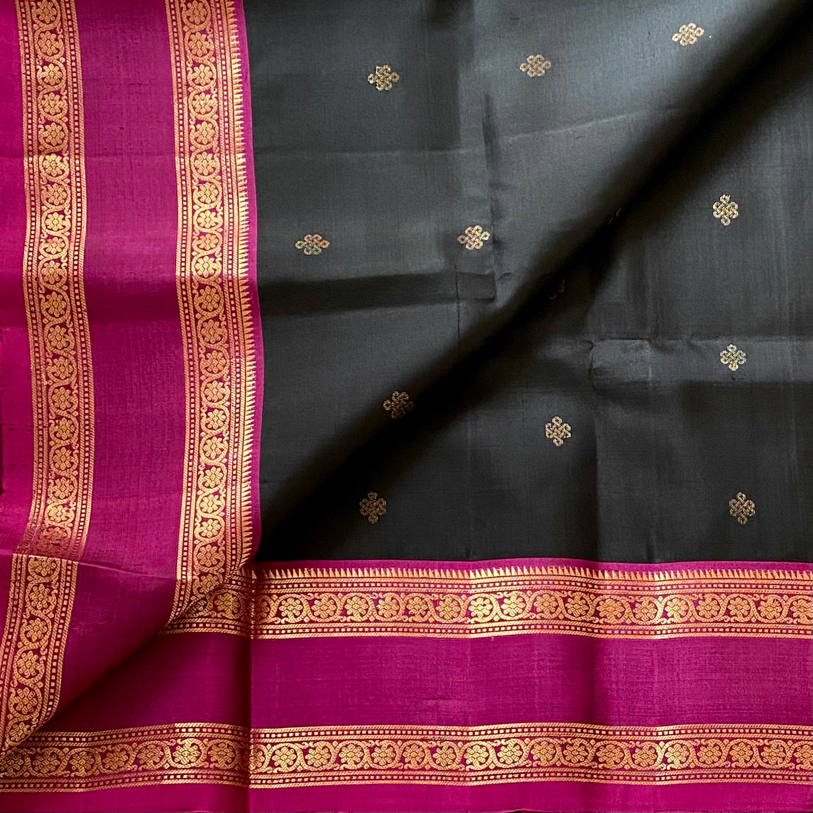 Charcoal Black Designer Pure Silk Saree Fuchsia Pink Zari Border