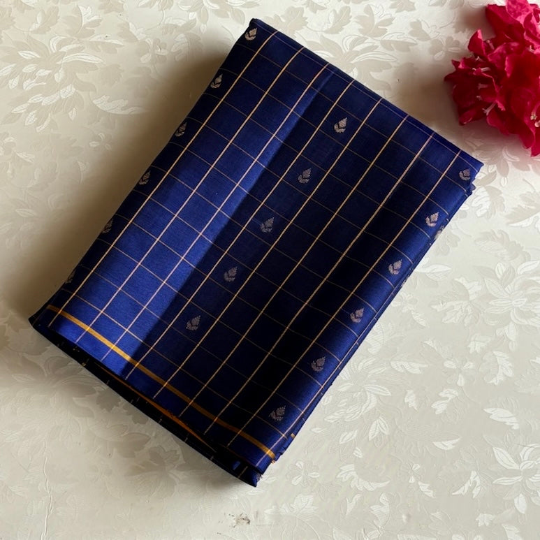 Classic Blue With Sunset Yellow Checkered Designer Pure Silk Saree
