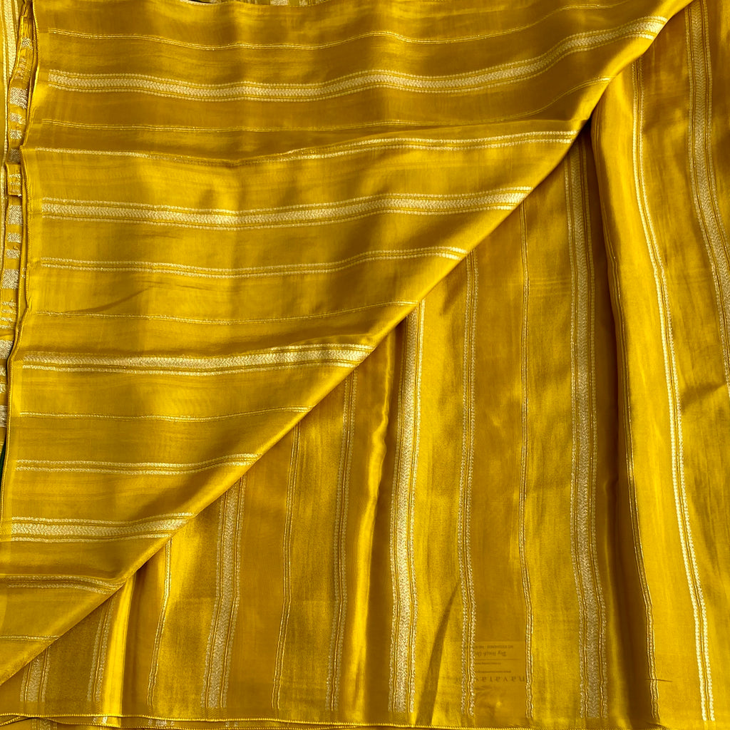 Traditional Mustard Yellow Zari Striped Saree with Emerald Accent