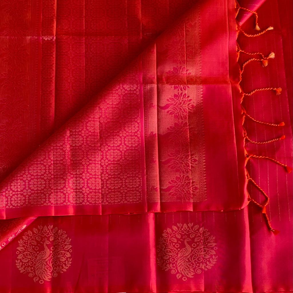 Rani Pink And Tangerine Orange Designer Pure Silk Saree With Gold Zari