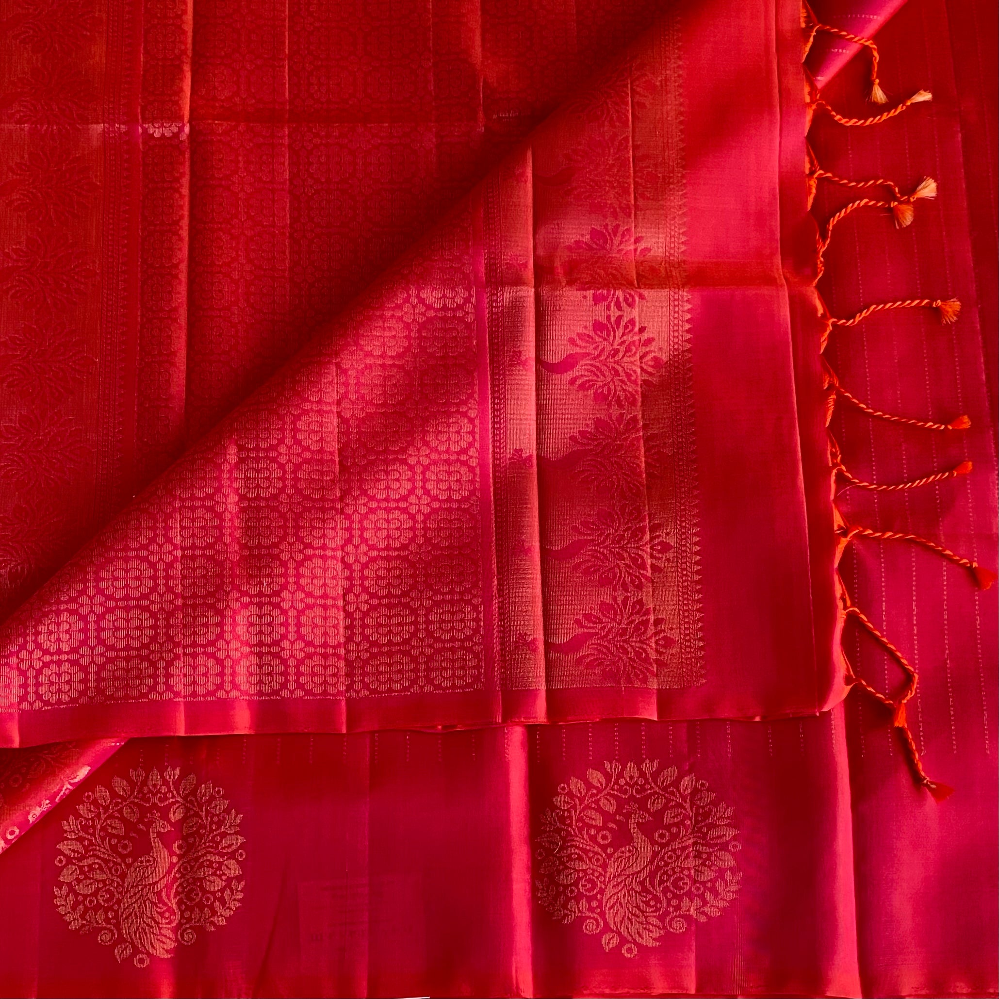 Rani Pink And Tangerine Orange Designer Pure Silk Saree With Gold Zari