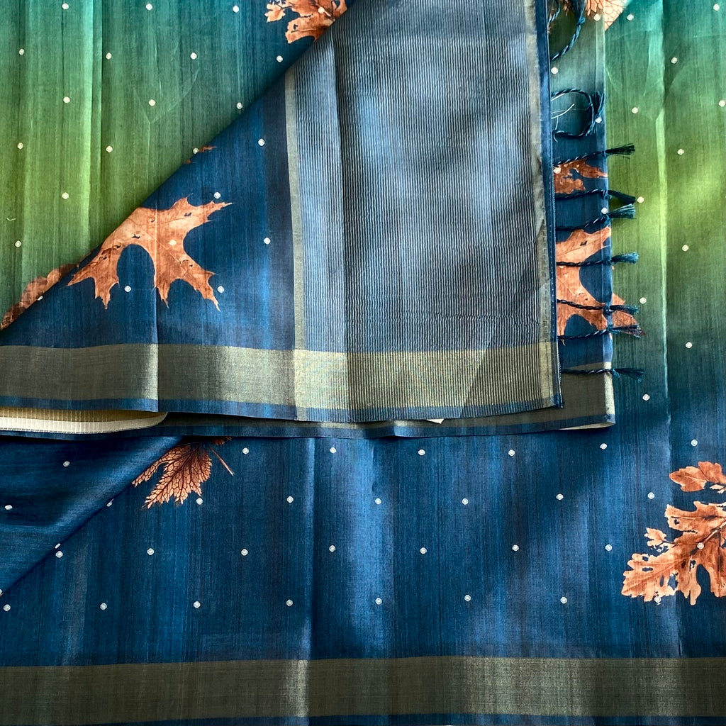 Ombre Shades of Blue & Green Soft Tussar Saree With Emerald Green Pallu