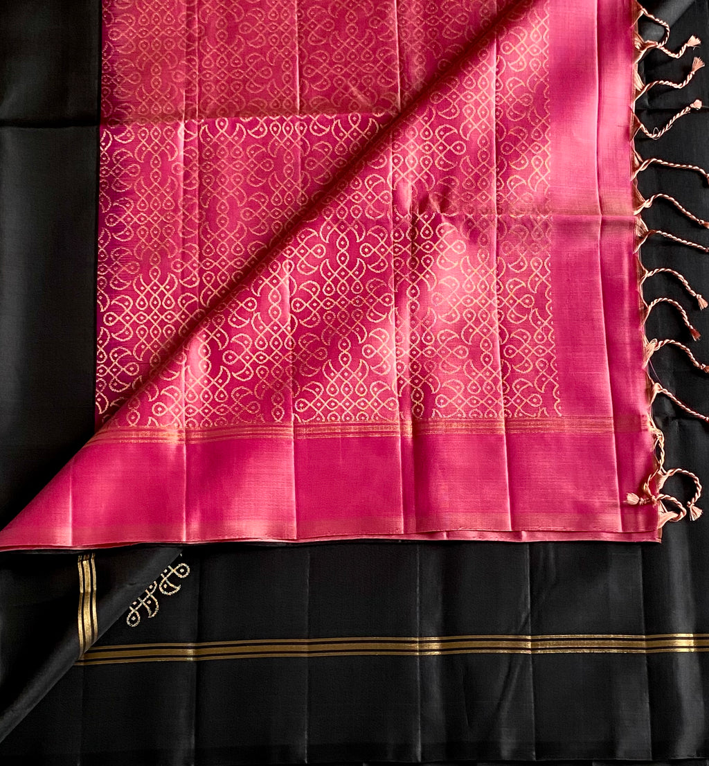 Stunning black With Dual Shaded Rose Pink Handwoven Lightweight Pure Silk