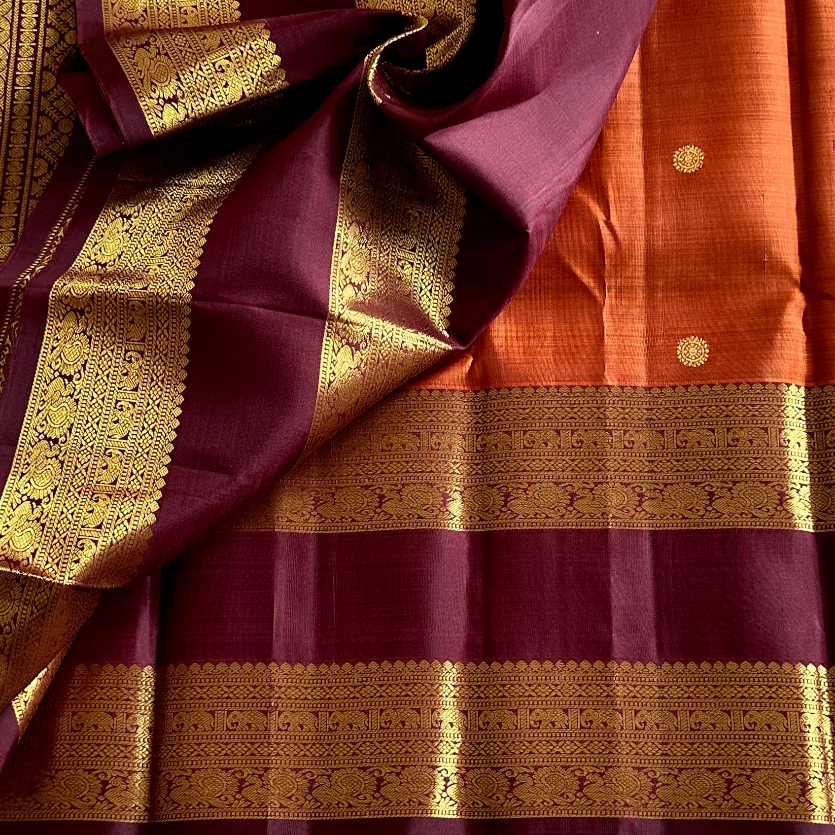 Burnt Orange Oxblood Maroon Gold Zari Traditional Wedding Elegant Saree