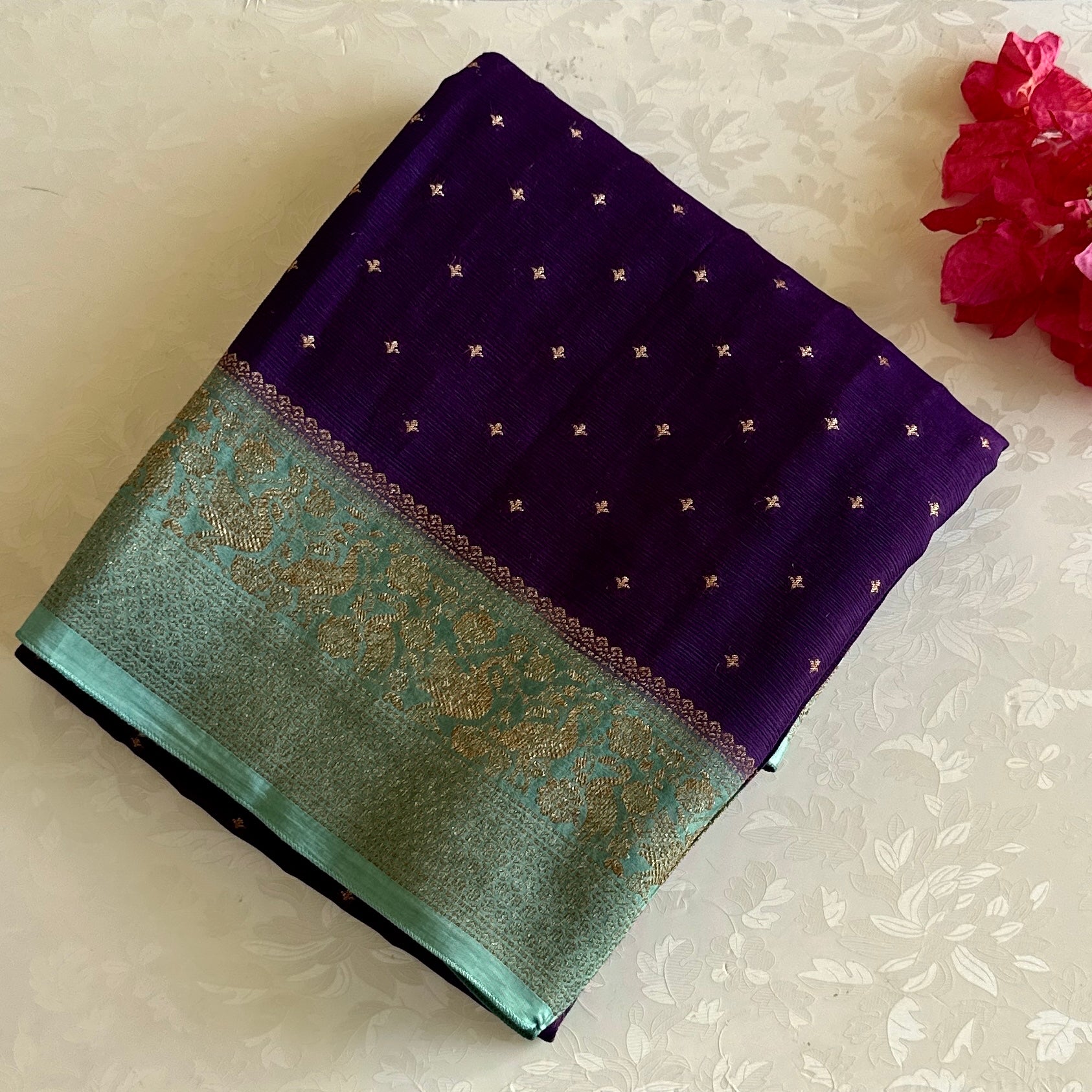 Royal Purple Soft Tussar Silk Saree With Mint Green Pallu