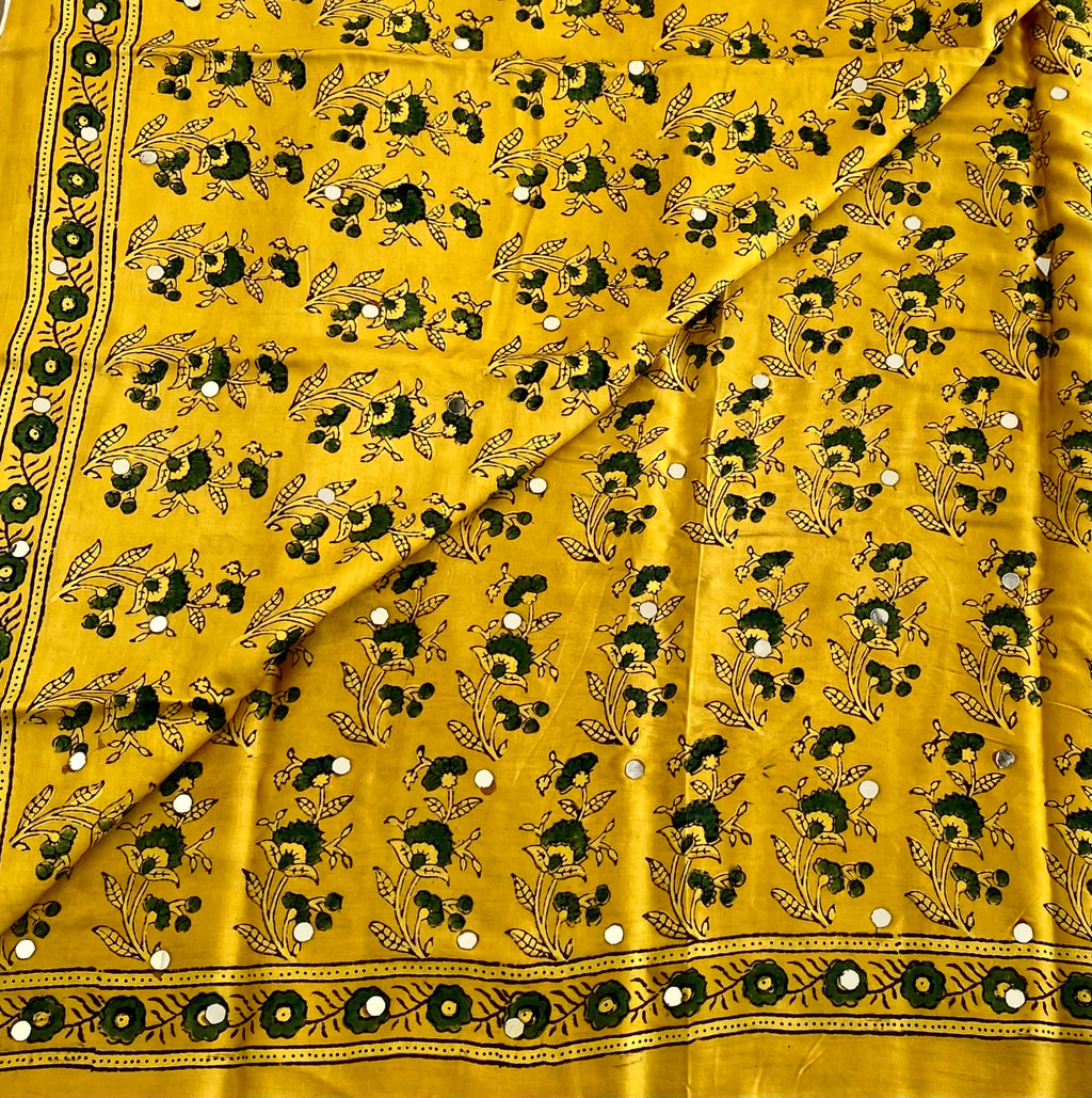 Mustard Yellow Designer Handcrafted Mirrorwork Ajrakh Silk Saree With Forest Green Motifs