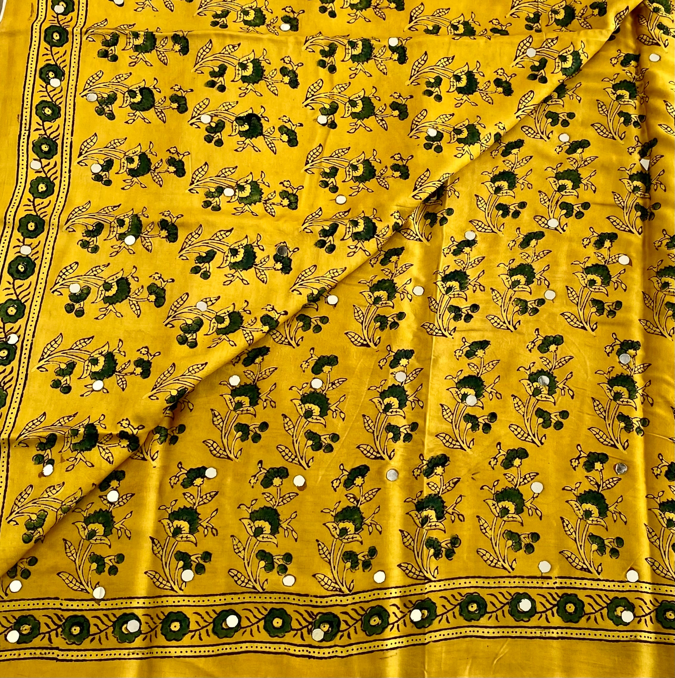 Mustard Yellow Designer Handcrafted Mirrorwork Ajrakh Silk Saree With Forest Green Motifs