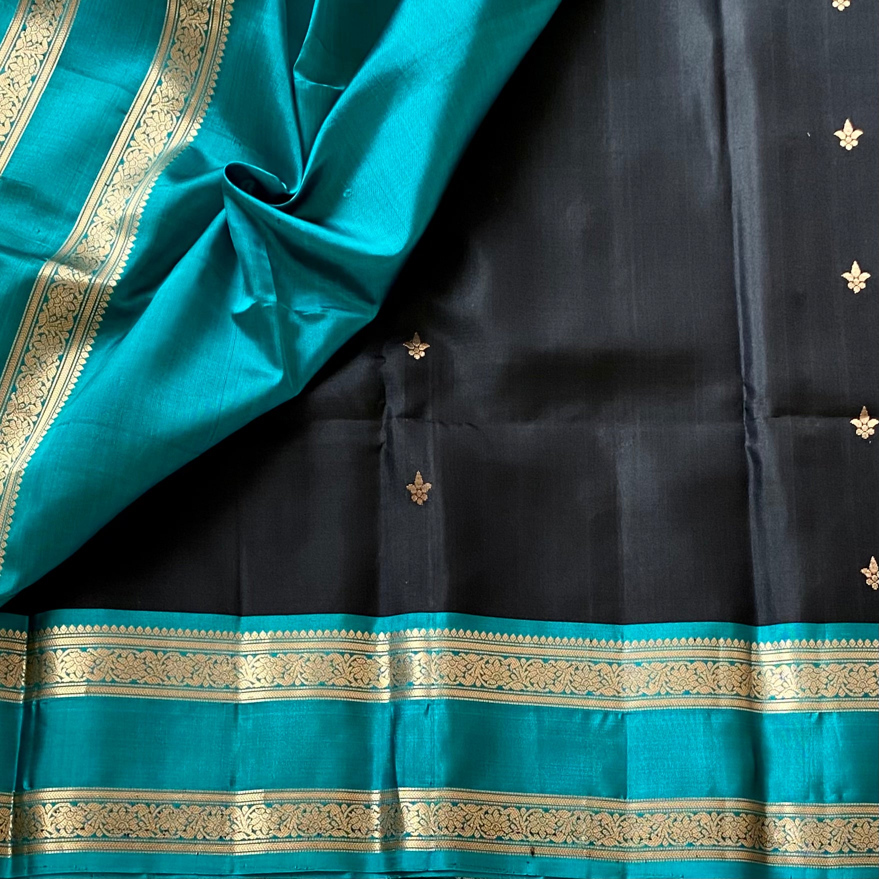Jet Black Designer Pure Silk Saree Teal Blue Zari Border Contrast Pallu