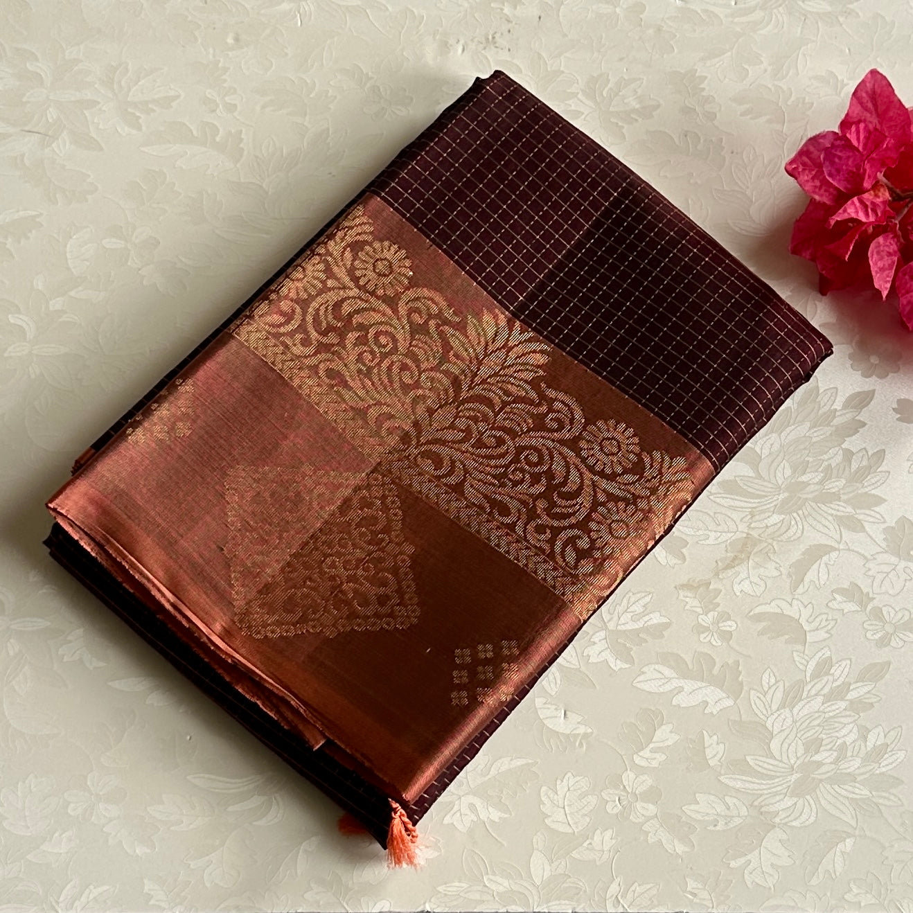 Deep Burgundy Burnt Orange Saree Antique Gold Brocade Traditional Wear