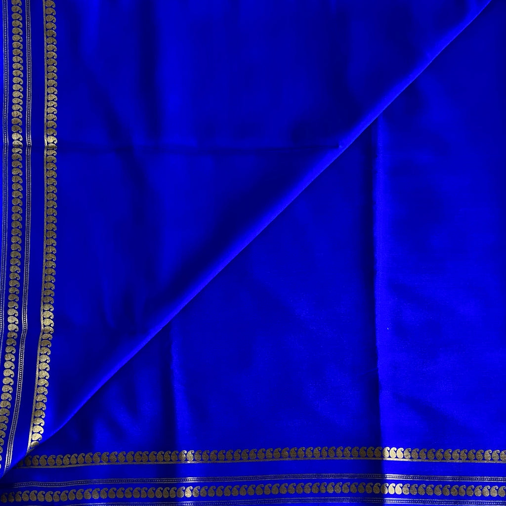 Cobalt Blue Mysore Crepe Silk Saree With Gold Border Motifs