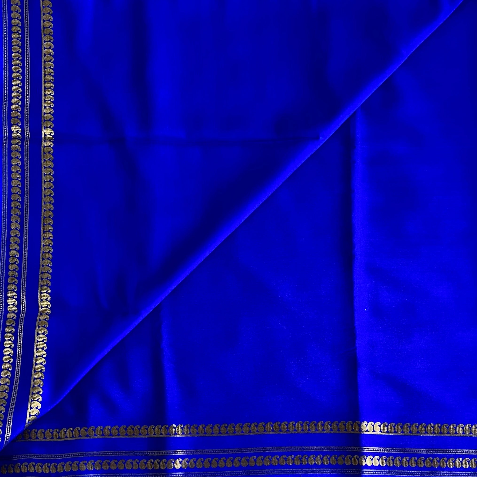 Cobalt Blue Mysore Crepe Silk Saree With Gold Border Motifs