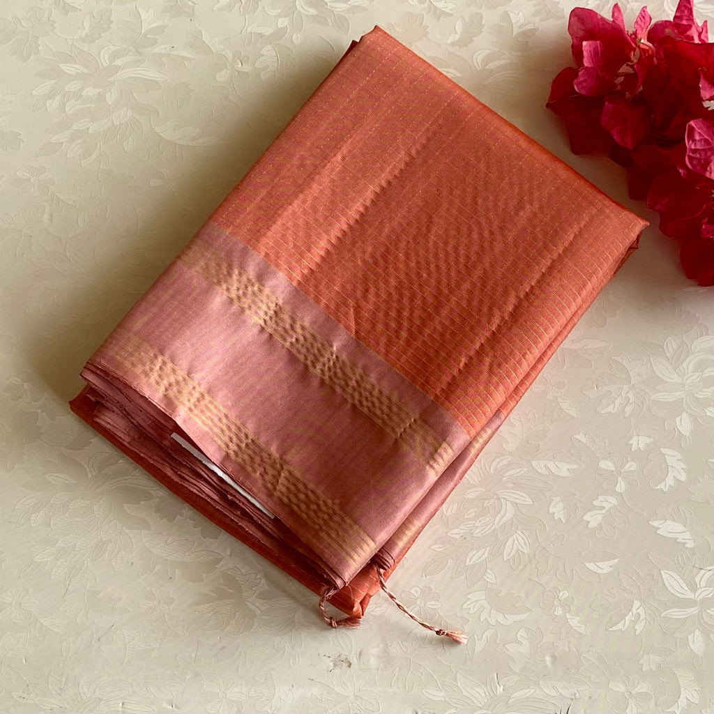 Pastel Peach Designer Pure Silk Checkered With Rose Gold Pallu