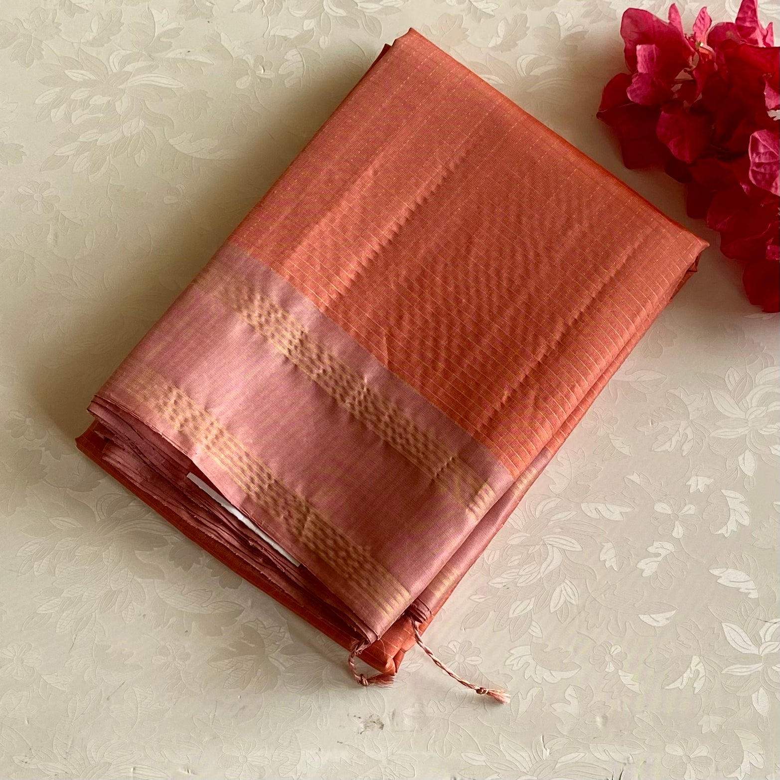 Pastel Peach Designer Pure Silk Checkered With Rose Gold Pallu