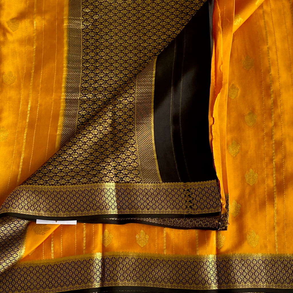 Mustard Yellow Mysore Crepe Silk Saree With Jet Black Pallu