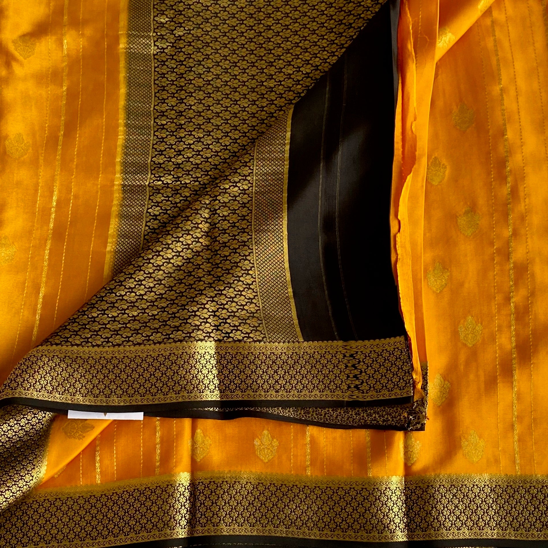 Mustard Yellow Mysore Crepe Silk Saree With Jet Black Pallu