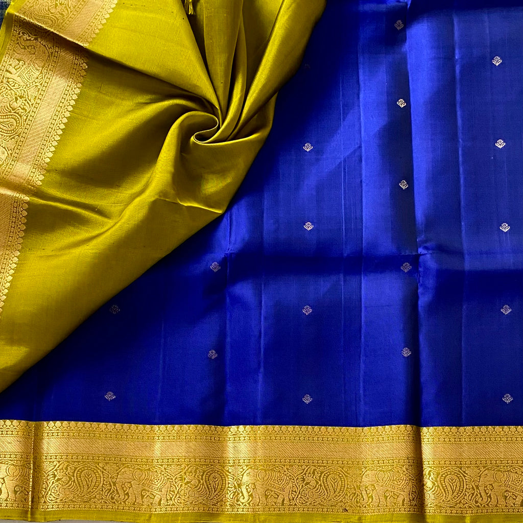 Royal Blue Designer Pure Silk Saree Lime Green Zari Border Contrast Pallu