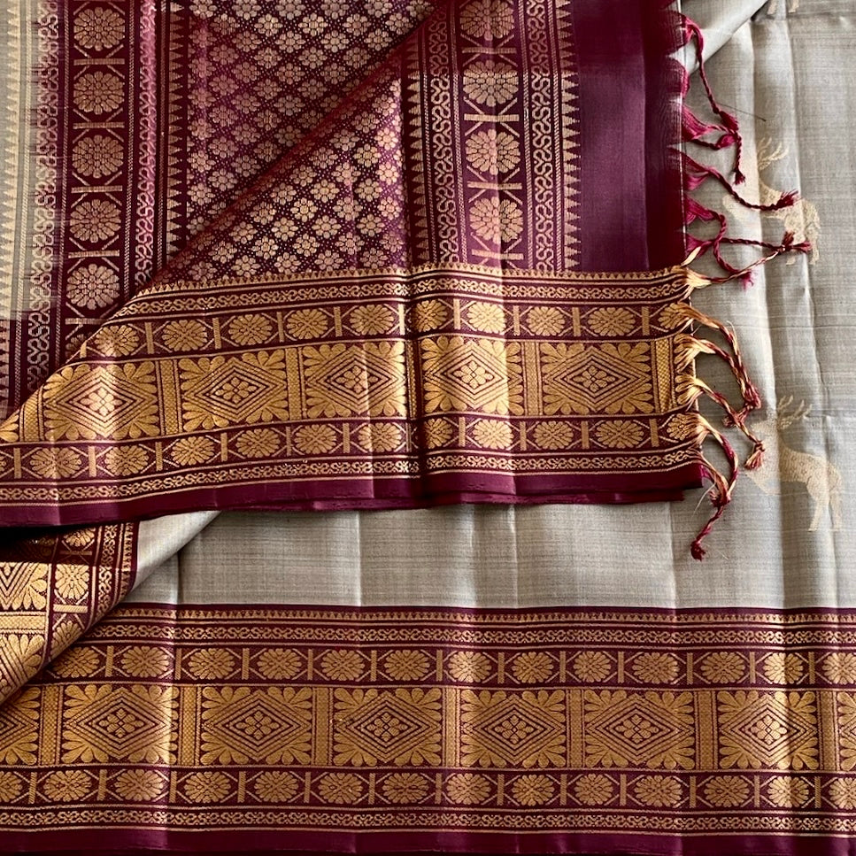 Silvery Beige Designer Pure Silk Saree With Deep Maroon Pallu Gold Border