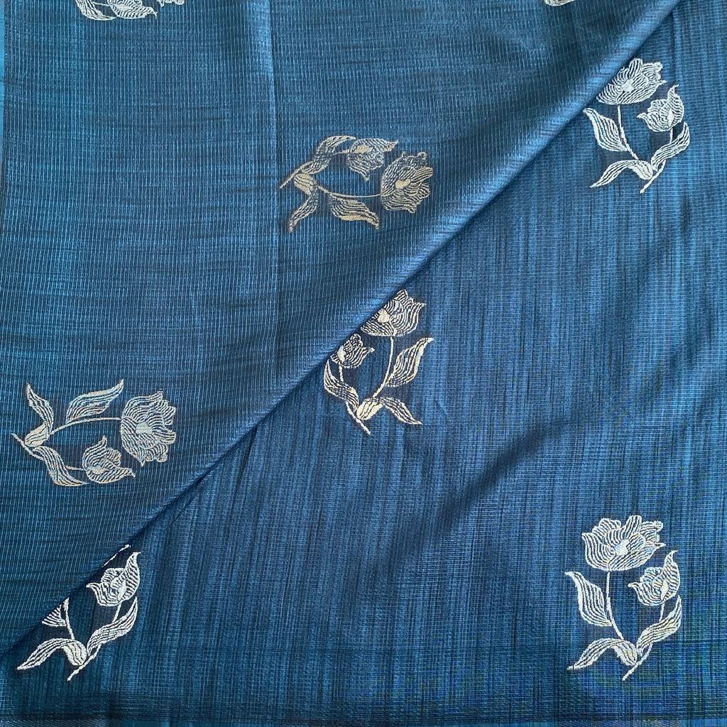 Teal Blue Soft Jute Tussar Saree With Silver Brocade Pallu