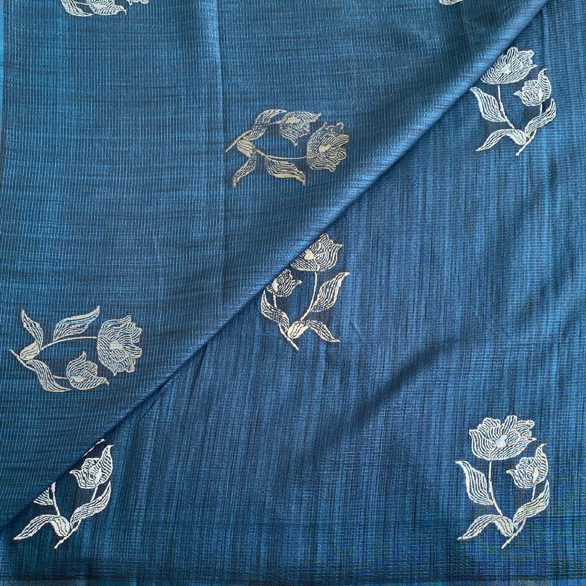 Teal Blue Soft Jute Tussar Saree With Silver Brocade Pallu