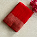 Red Silk Paisley Pallu Saree With Golden Brocade Border Tassels