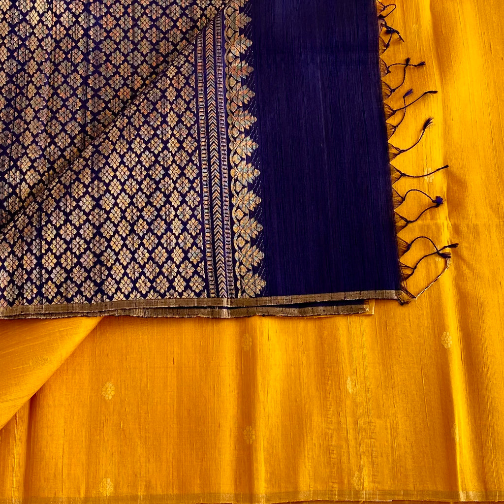 Mustard Yellow Designer Pure Raw Silk Saree With Royal Purple Pallu