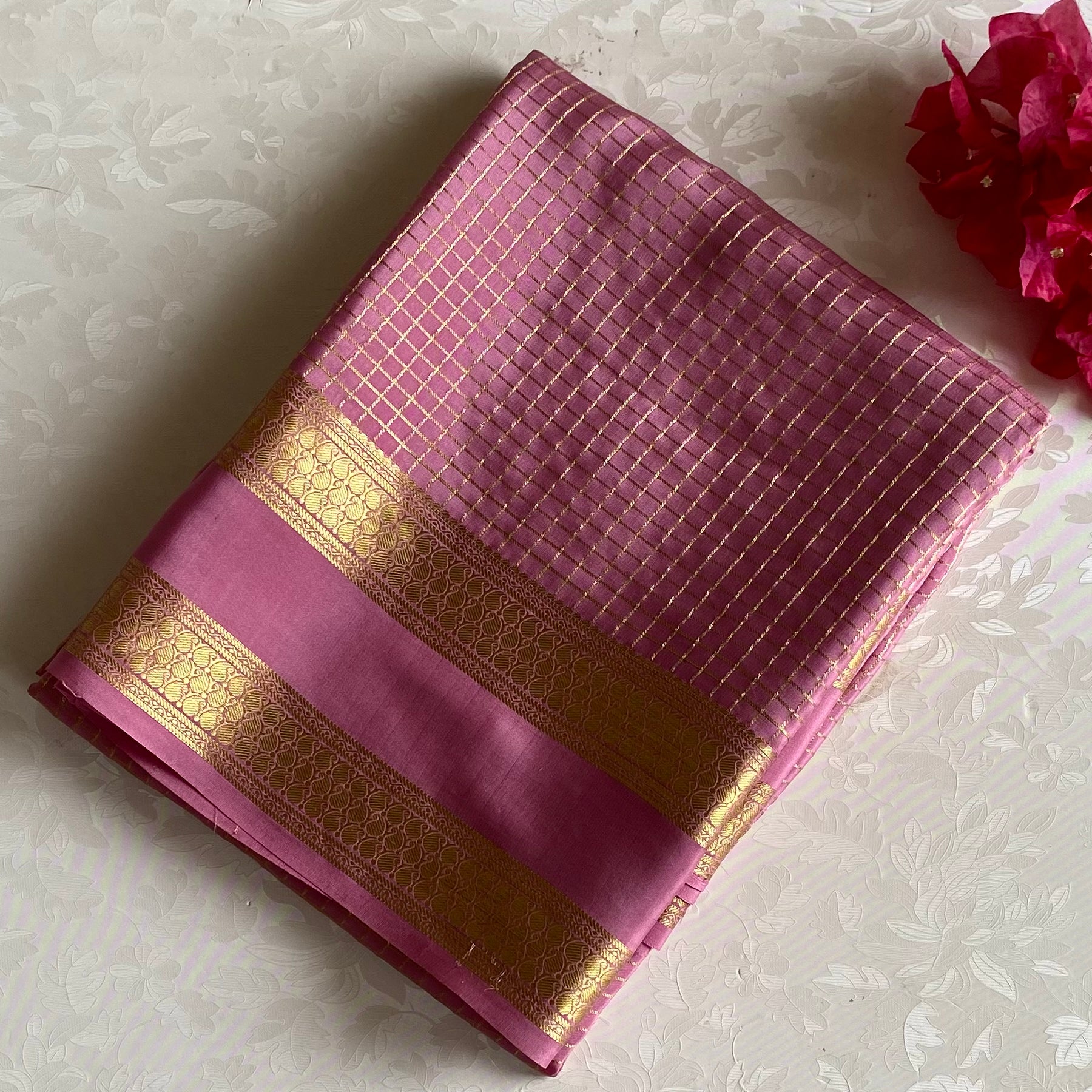 Rose Pink Gold Mysore Crepe Silk Saree With Floral Stripes