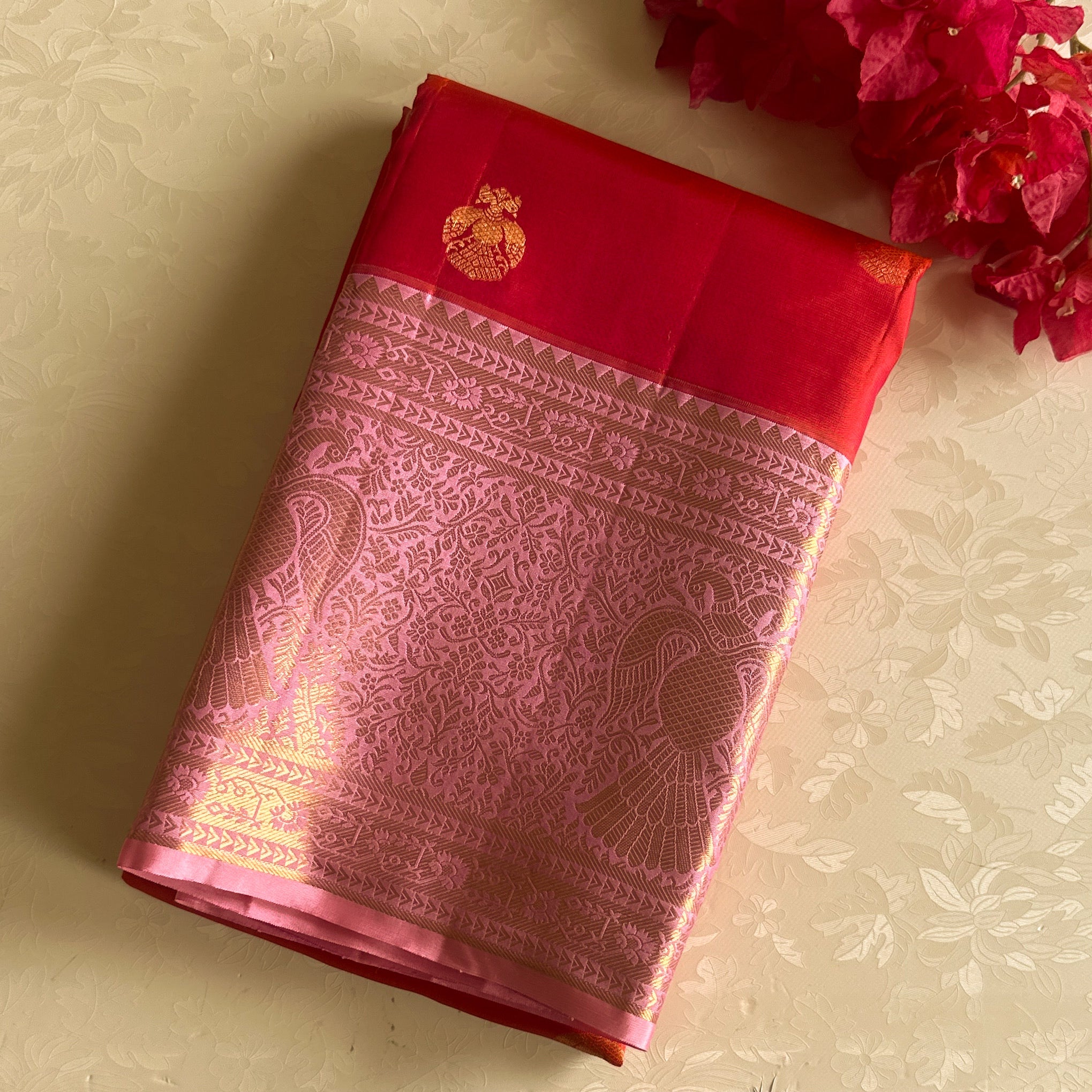 Magenta Crimson Silk Saree With Gold Peacock Border For Weddings
