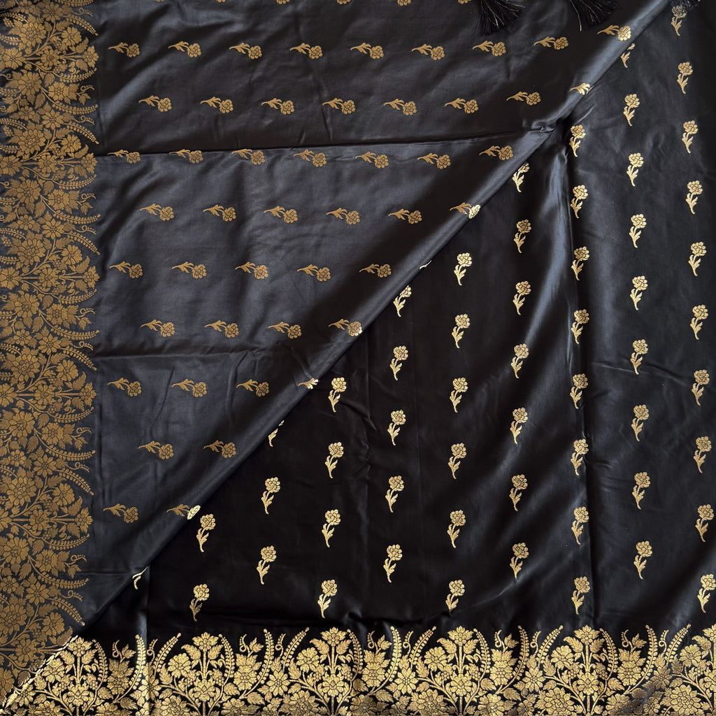 Jet Black gold zari woven designer soft gaji silk