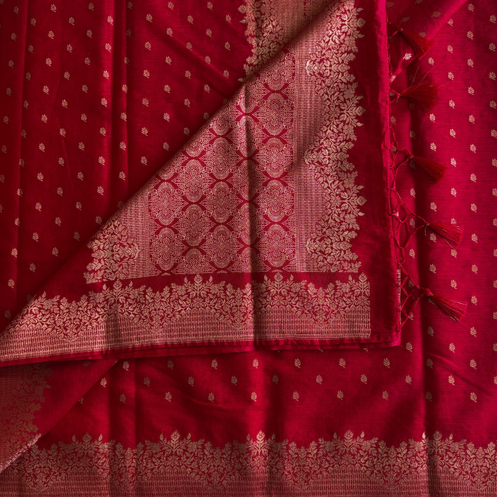 Scarlet Red Saree Antique Gold Brocade Floral Border and Buti
