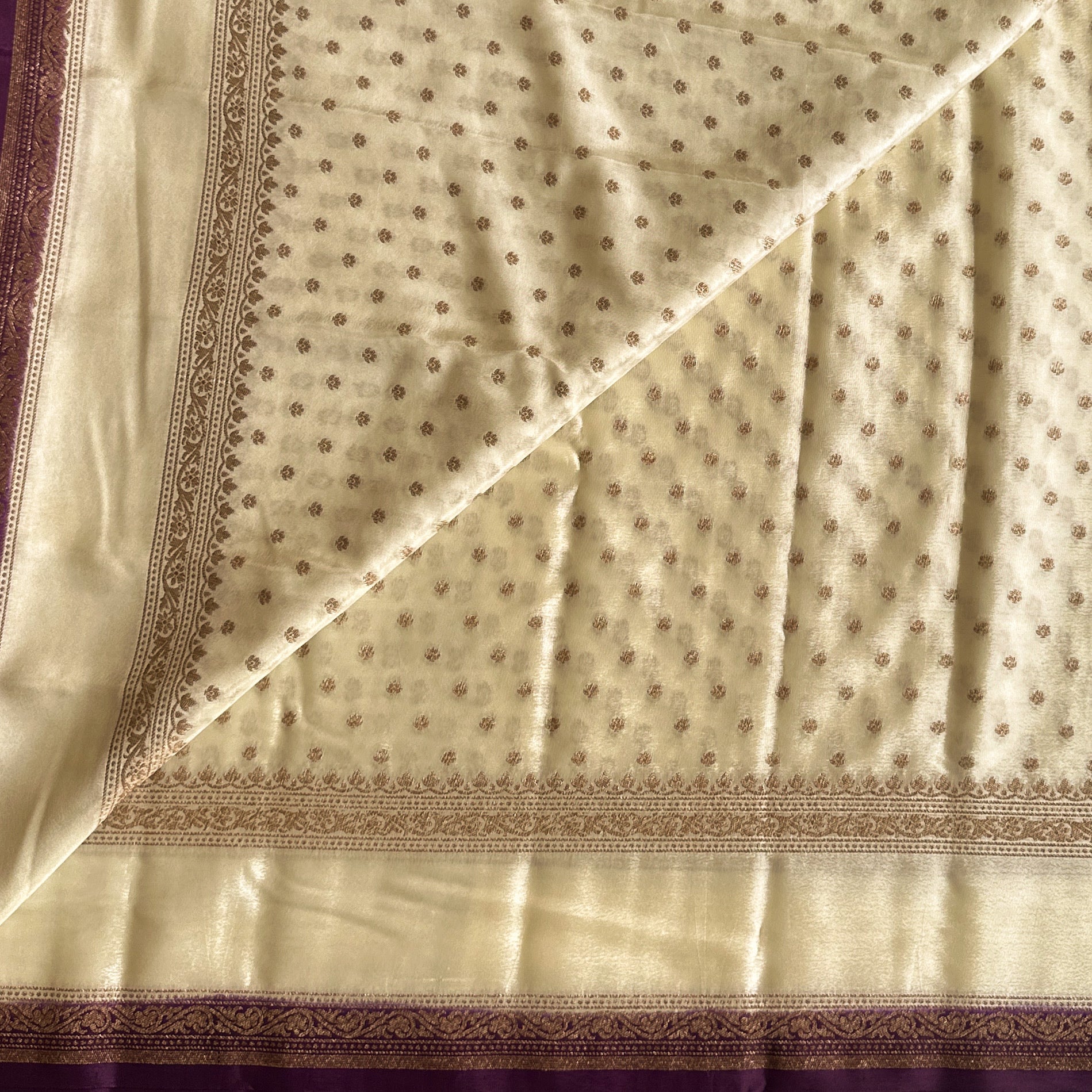 Ivory Plum Banarasi Silk Saree Antique Gold Zari Work Bridal