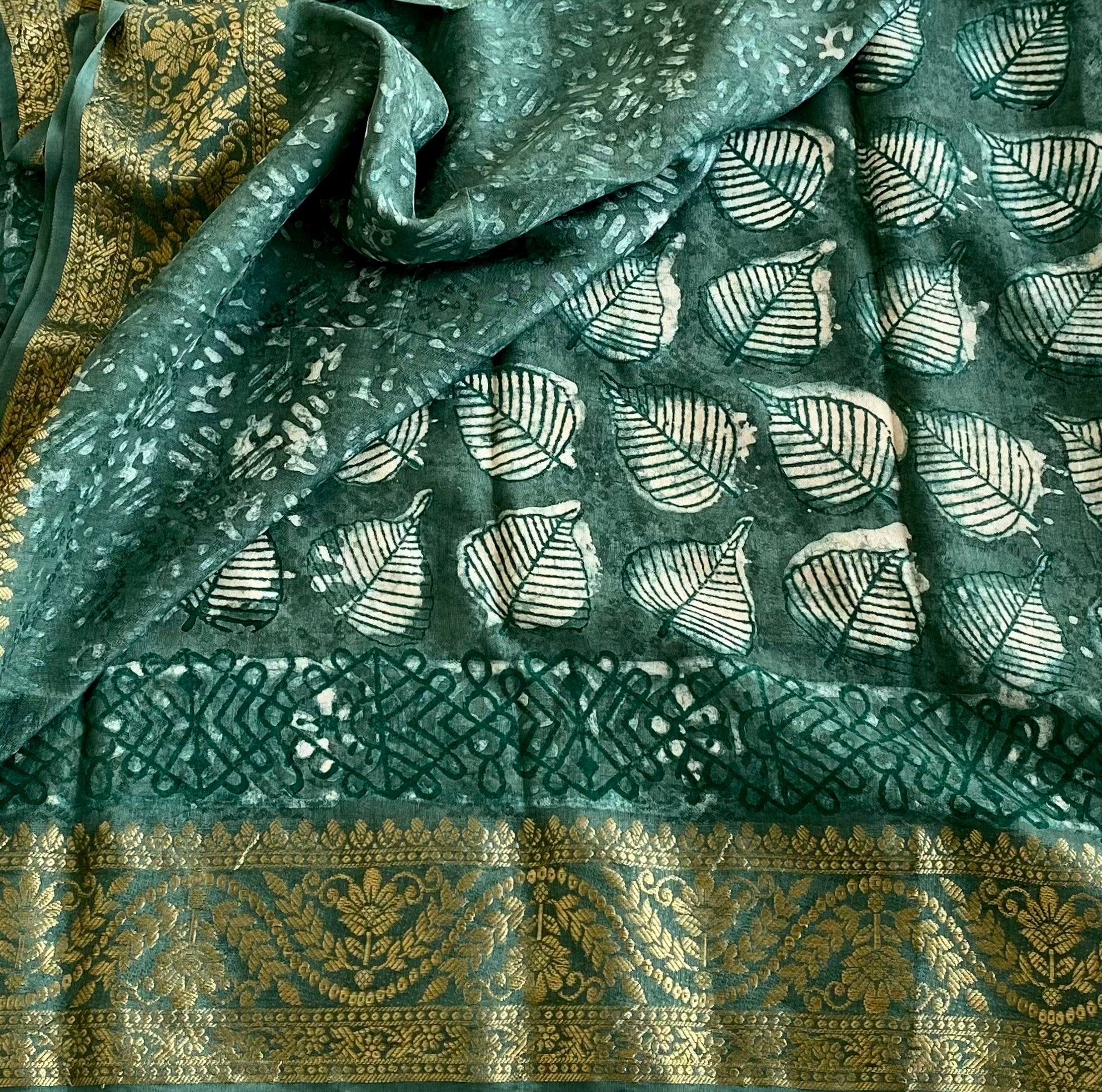 Teal Green Ajrakh Handblock Printed Silk Saree With Antique Gold Brocade