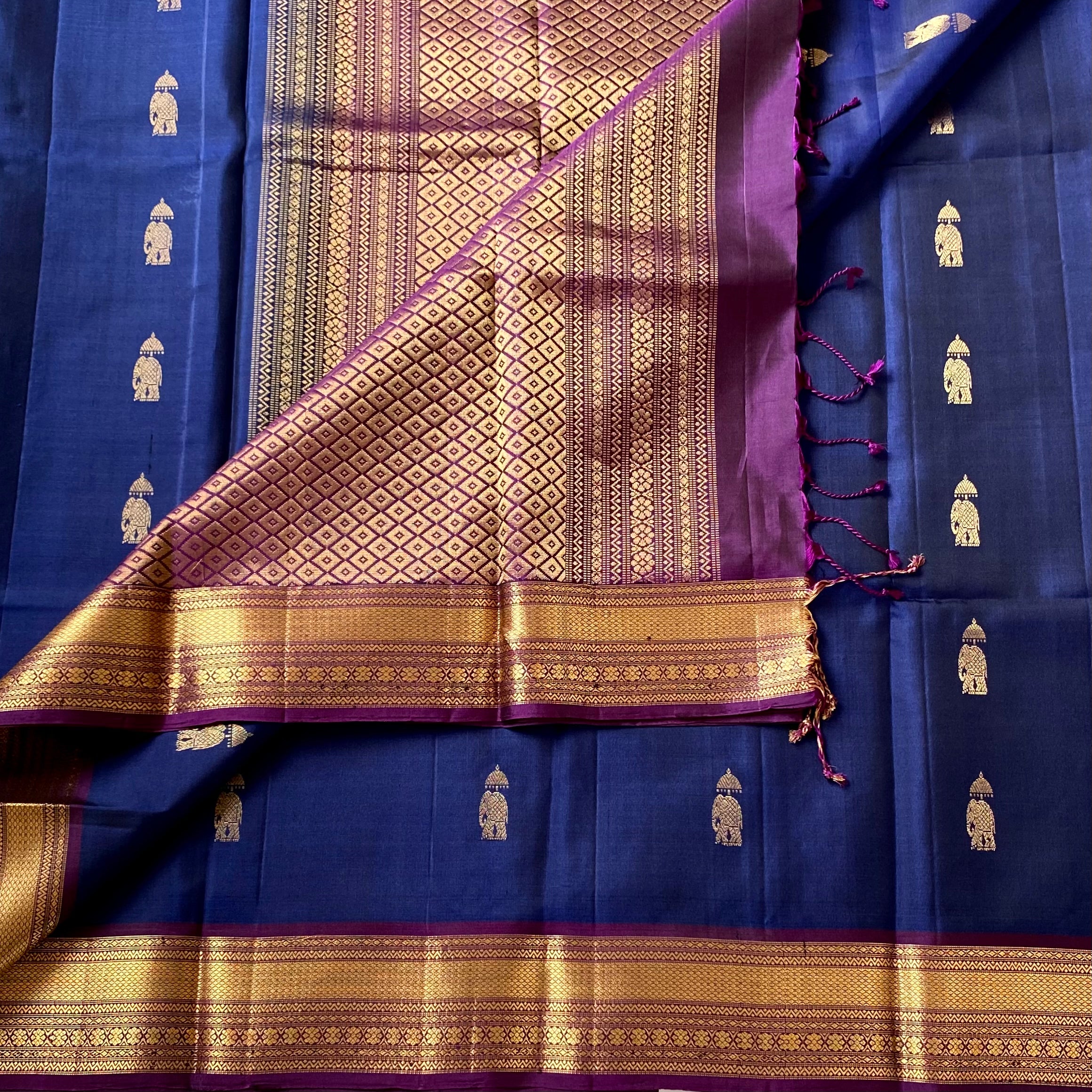 Royal Blue Magenta Silk Saree Gold Zari Elephant Diamond Pallu