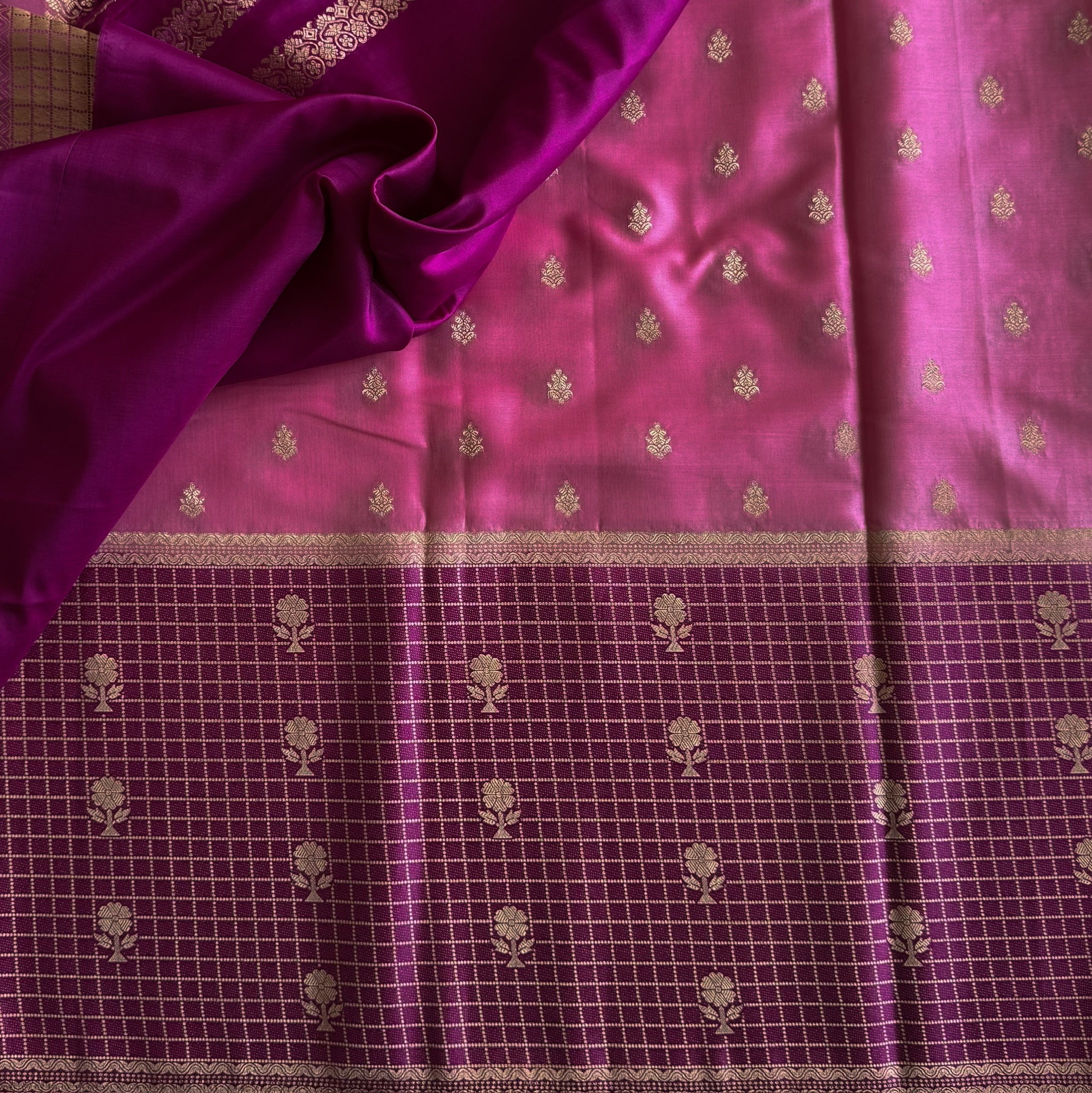 Rose Pink Silk Saree Magenta Pallu Gold Zari Checked Border