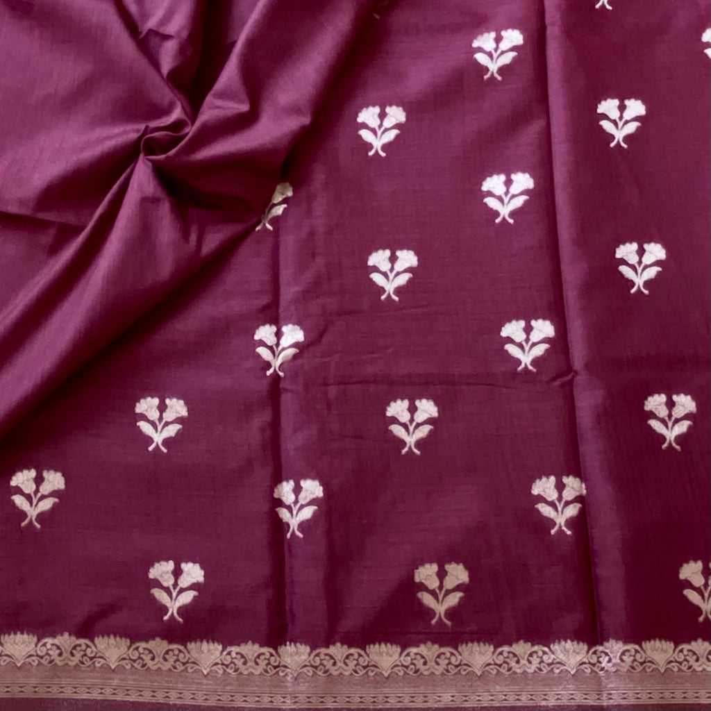 Wine maroon soft tussar with antique silver buttas