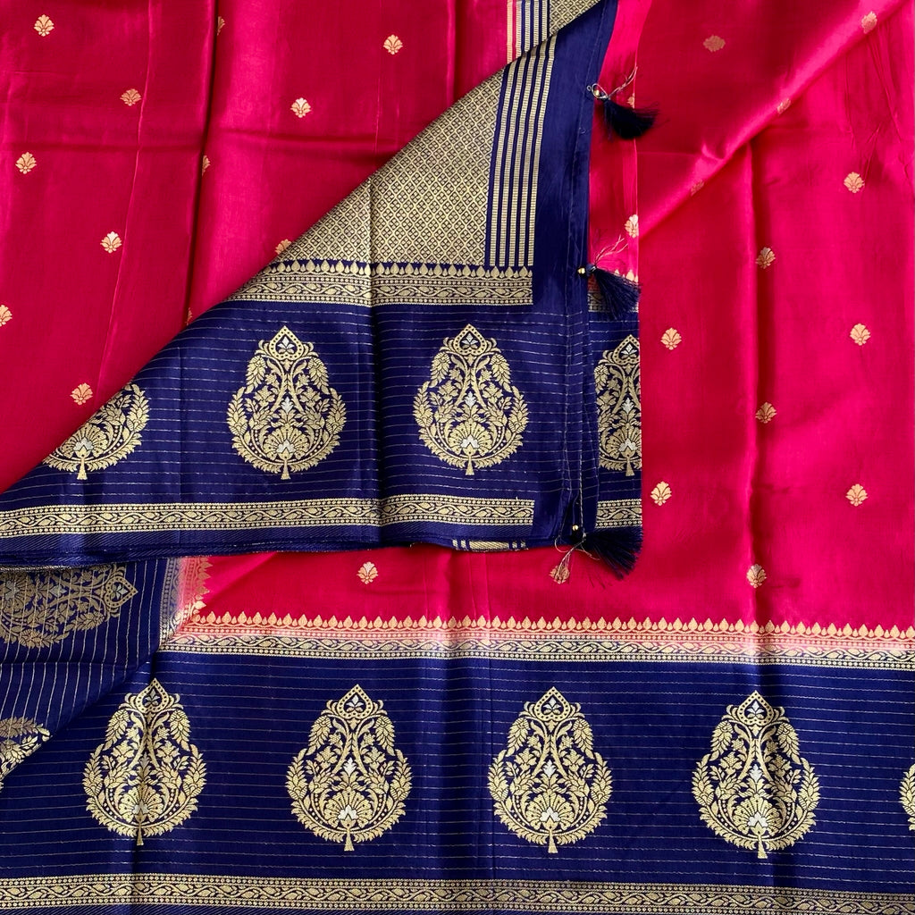 Rani Pink Soft Tussar Silk Saree With Navy Blue Pallu