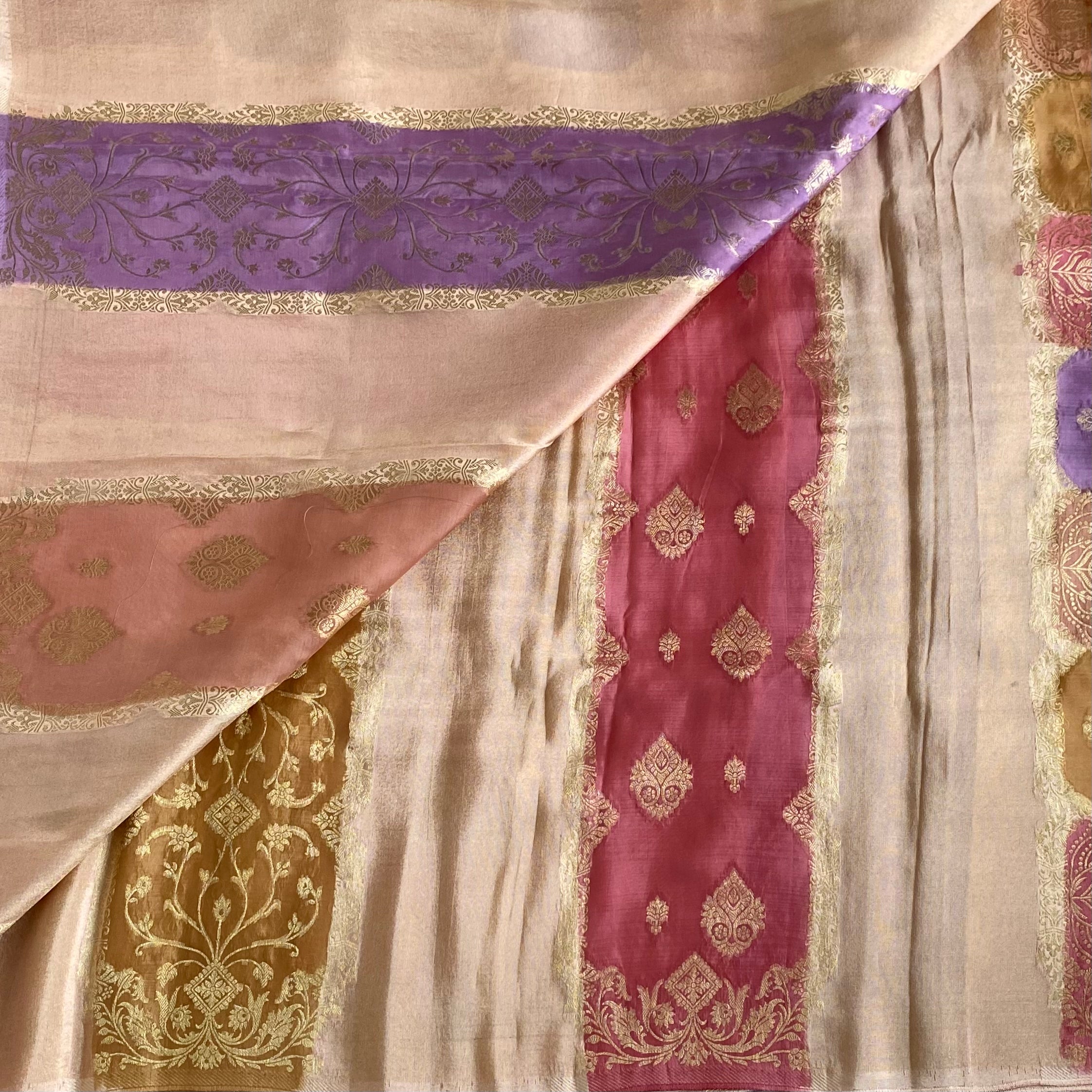 Blush Beige Multishade Soft crepe Silk Saree With Rose Pink Pallu