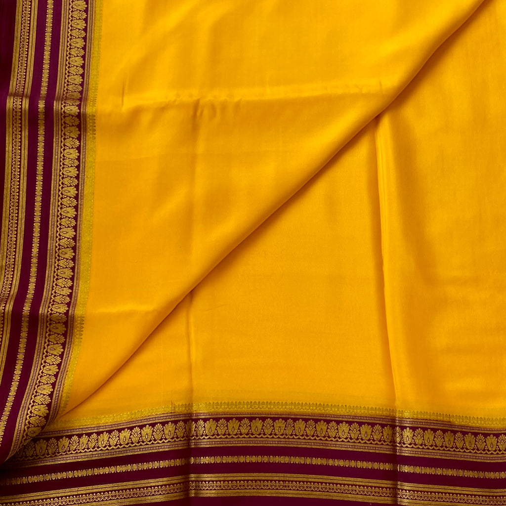 Mustard Yellow Saree with Plum Gold Zari Border Traditional Wear